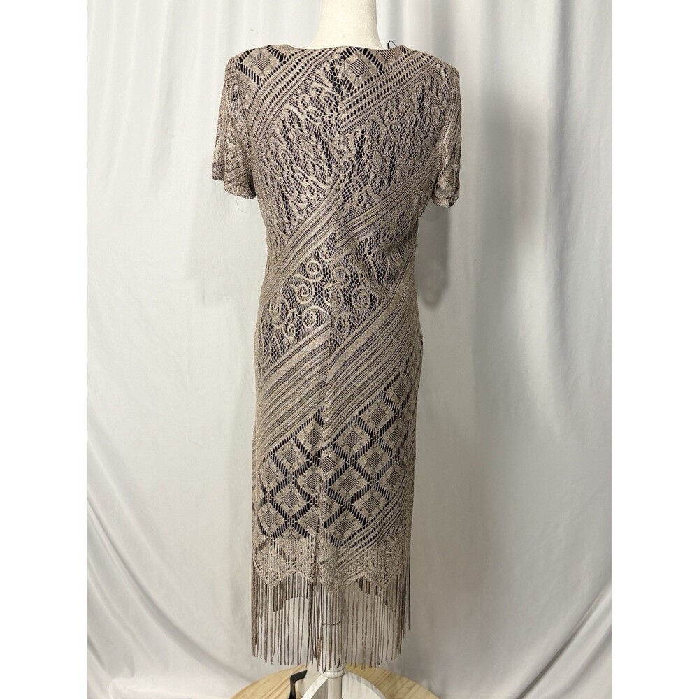 Vintage Helene Blake Crochet Lace Dress Sz 10 Gold Lurex Fringe Whimsigoth Boho - Picture 6 of 12